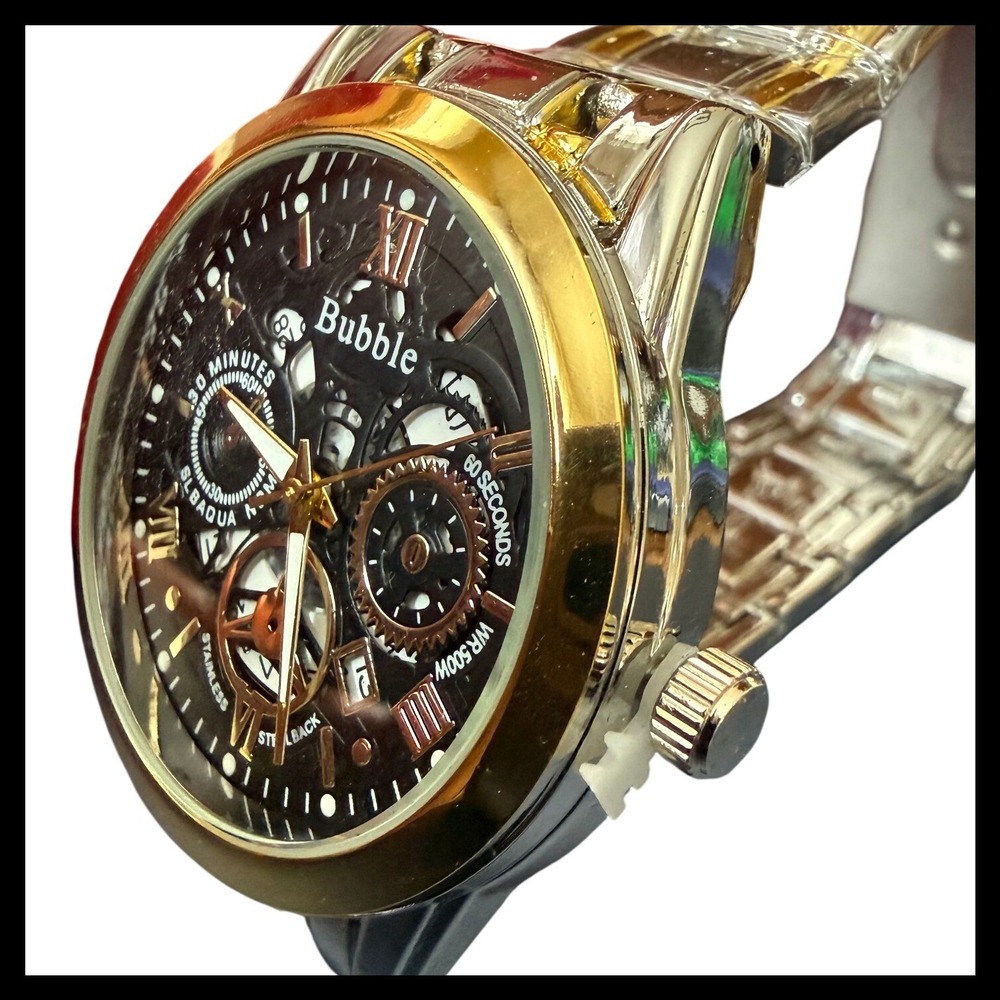 NWOT Bubble Men's Two-Tone Stainless Steel Skeleton Dial Watch Black Gold Silve